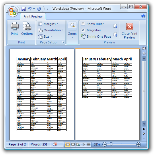 captura de tela de cabeçalhos de coluna repetidos na próxima página 