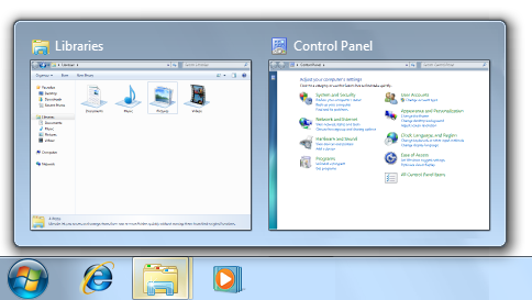 captura de ecrã do Explorador do Windows e do Painel de Controlo 