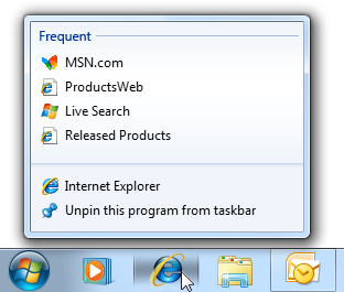 captura de ecrã da barra de tarefas com a lista de atalhos do Internet Explorer 