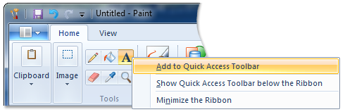 captura de ecrã do menu de contexto de comandos no friso do Microsoft Paint.