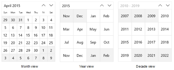 Exibições de Mês, Ano e Década do Calendário