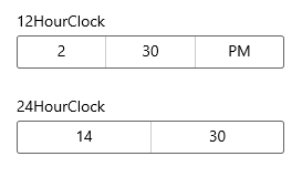Um seletor de tempo mostrando um relógio de 12 horas, e um seletor mostrando um relógio de 24 horas.