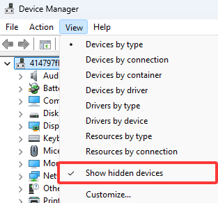 Captura de ecrã do Gestor de Dispositivos mostrar o menu de dispositivos ocultos