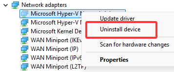Captura de ecrã ao clicar direito num pnp fantasma na lista de rede e selecionar desinstalar dispositivo