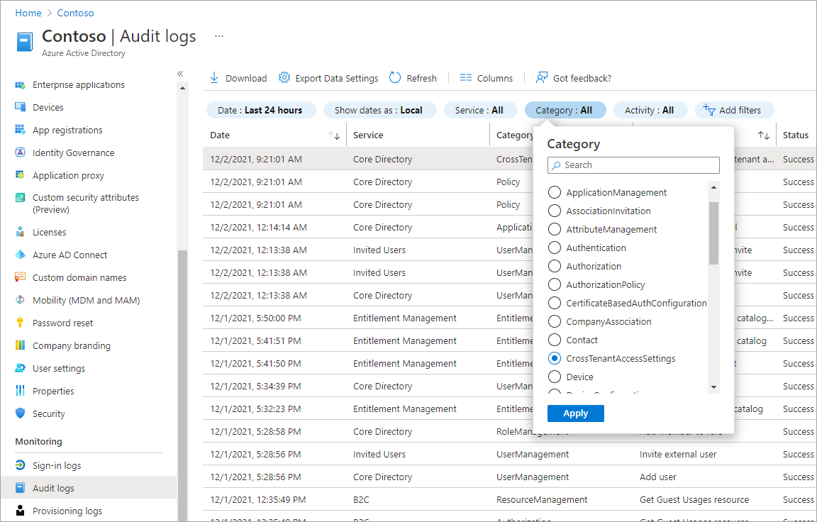 Screenshot showing an audit log.