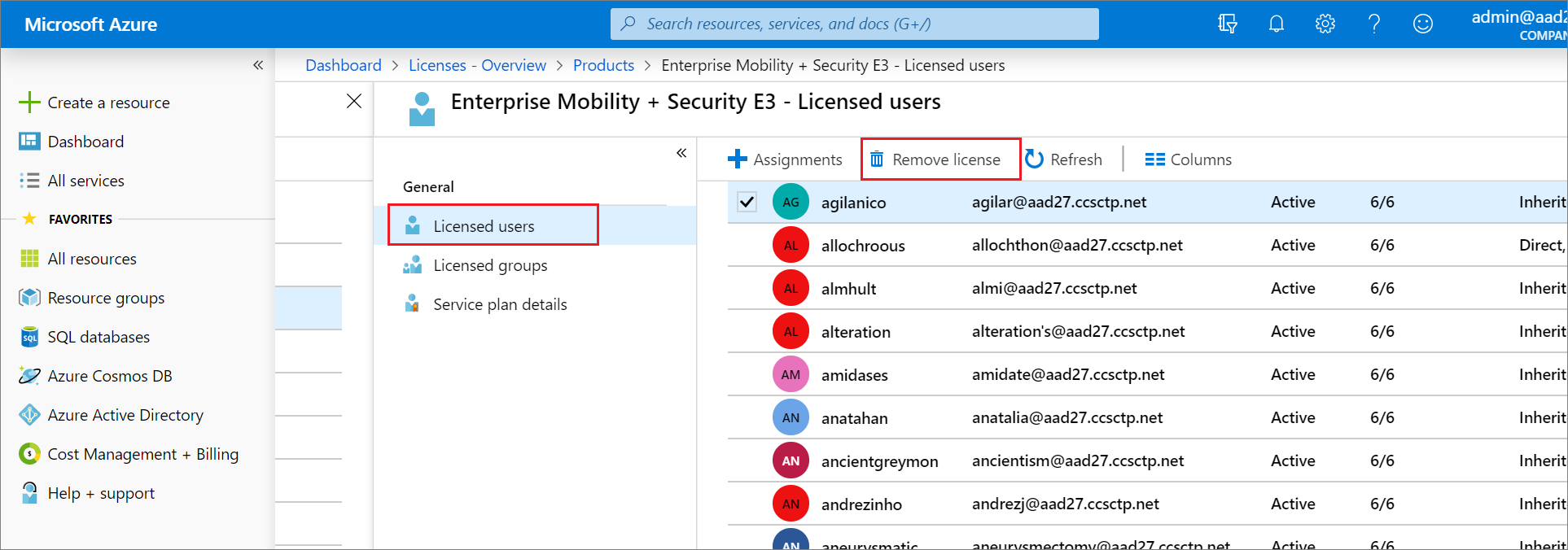 Screenshot of the Licensed users page with Remove license option highlighted.