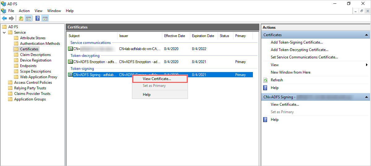 View IdP signing certificate properties.