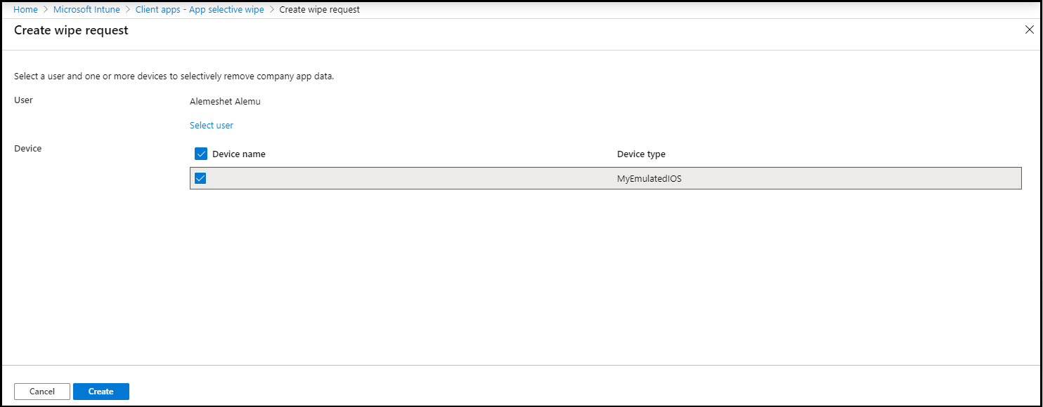 Screenshot of 'Create wipe request' pane where device is selected