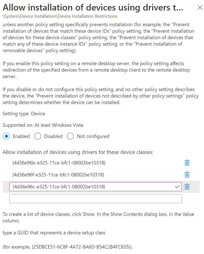 Screenshot that shows how to use Microsoft Intune to set the Allow installation of devices using drivers that match these device setup classes setting with your class GUIDs.
