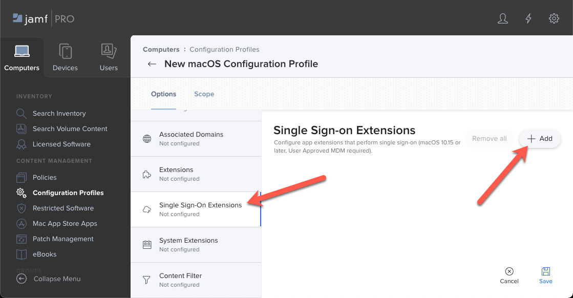 Screenshot that shows the Jamf Pro portal. Select the configuration profiles SSO option and select add for macOS devices.