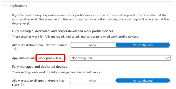 Screenshot that shows the Android Enterprise application settings that apply at the corporate-owned work profile level in Microsoft Intune.