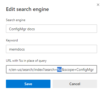 Add to Microsoft Edge a custom search engine for Microsoft technical documentation.