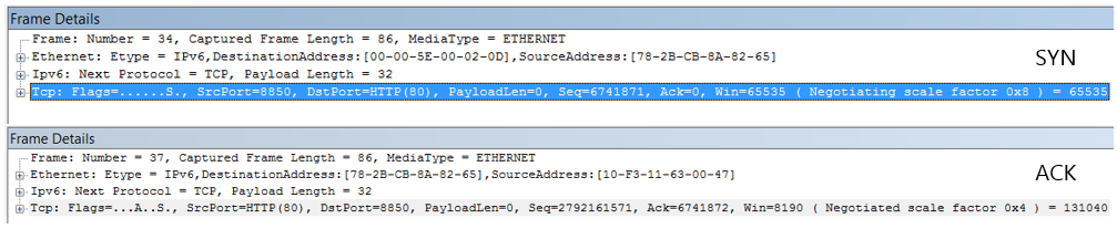 Graphic that shows how to match SrcPort to DstPort in a trace, to get the time delta.