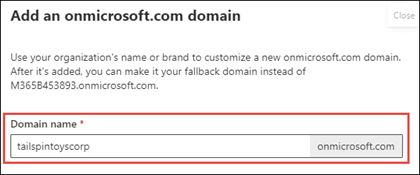 Screenshot of Add onmicrosoft domain page.