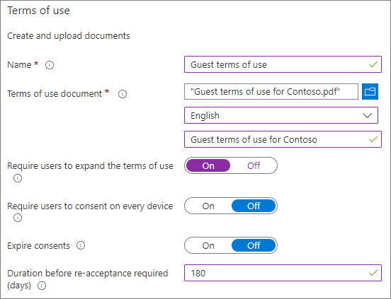 Screenshot of Azure AD new terms of use settings.