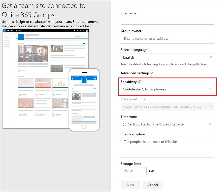 A sensitivity label when creating a team site from SharePoint.