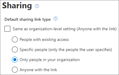 Screenshot of SharePoint site-level default link type settings.