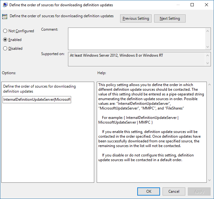 Group policy setting listing the order of sources
