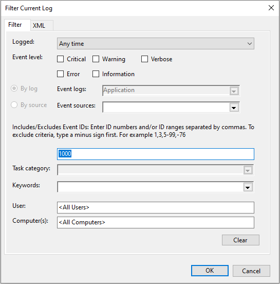 Screenshot of the Filter Current Log dialog box, type 1000 in the Includes/Excludes Event IDs field.