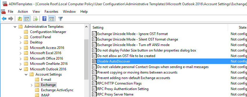 Disable AutoDiscover Group Policy object for Outlook 2016.
