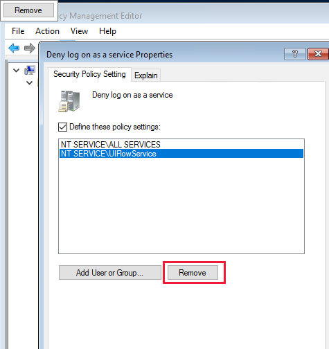 Screenshot of the Remove option of UIFlowService in Deny log on as a service properties.