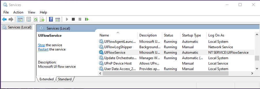 Screenshot shows UIFlowService is running.