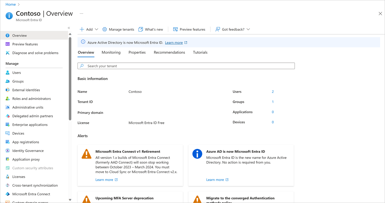 Screenshot of the Microsoft Entra dashboard.