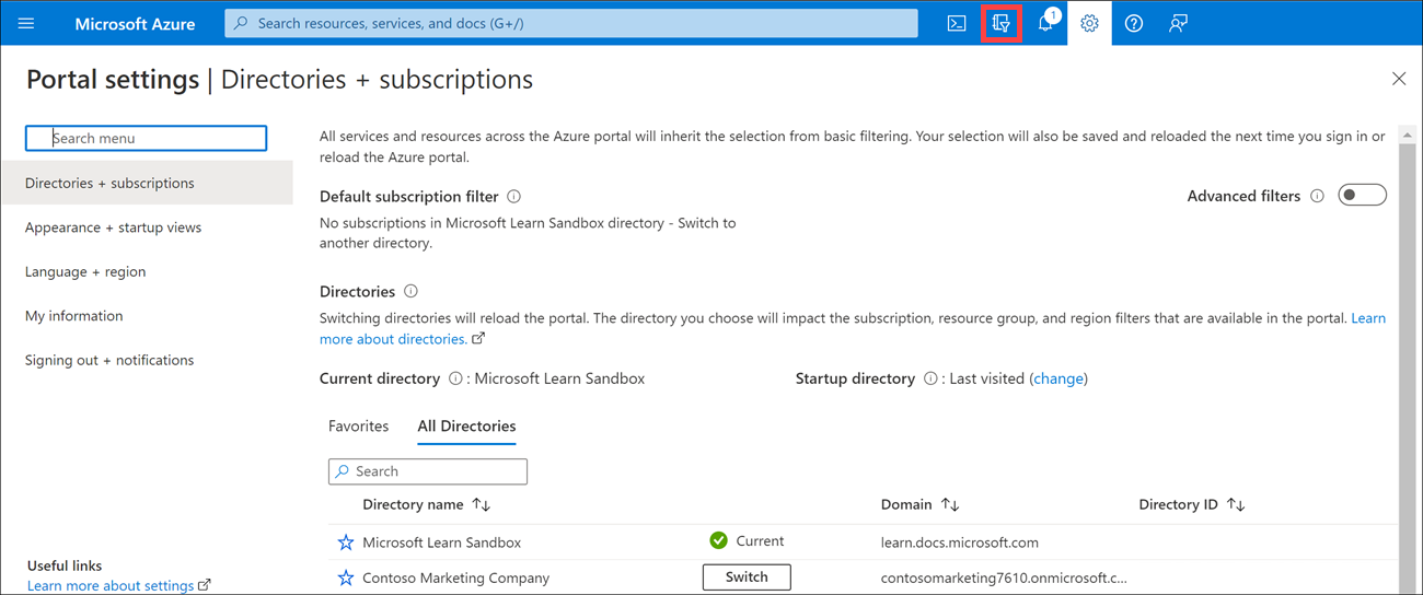 Screenshot showing the Directory selection dialog in Azure portal.