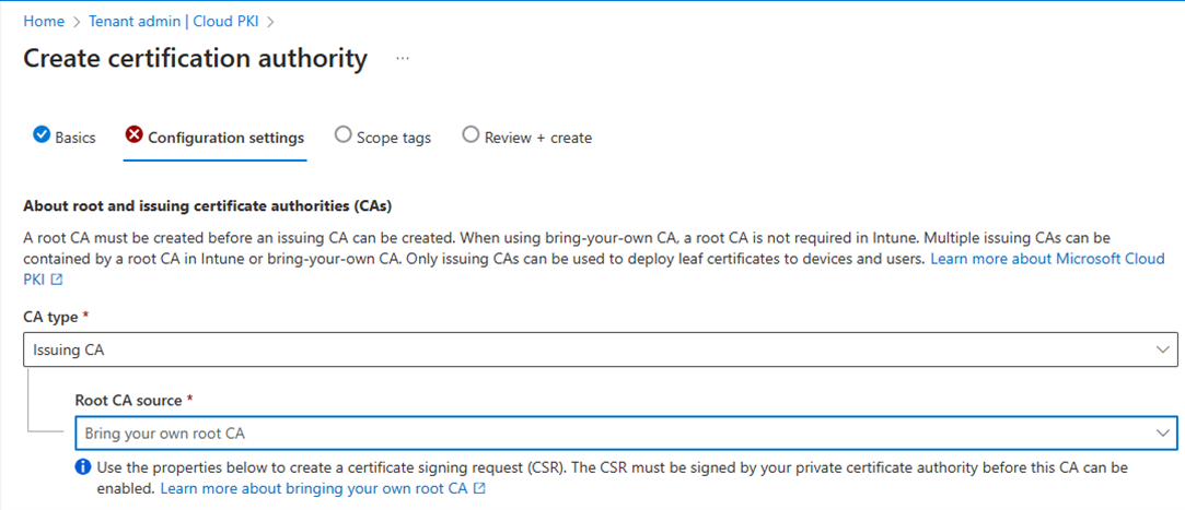 CA type and root CA source configuration fields for bring your own CA.