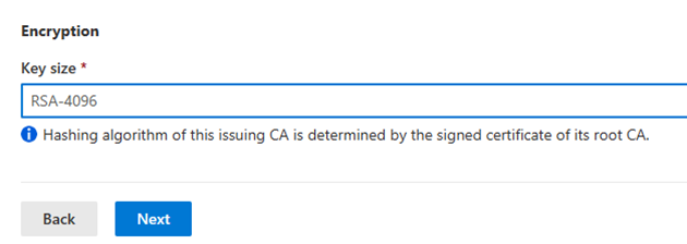 Key size and algorithm settings in Cloud PKI configuration.