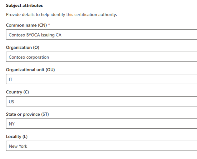 Cloud PKI subject attributes configuration fields.