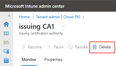 Cloud PKI CA properties page with Delete action highlighted for an issuing CA.