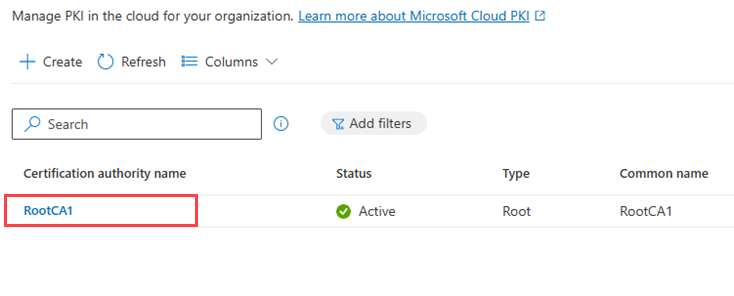 Cloud PKI CA list with a root CA selected.