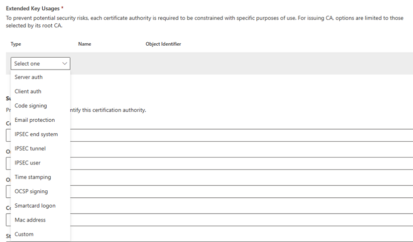 Configuration settings tab with Extended Key Usages options.