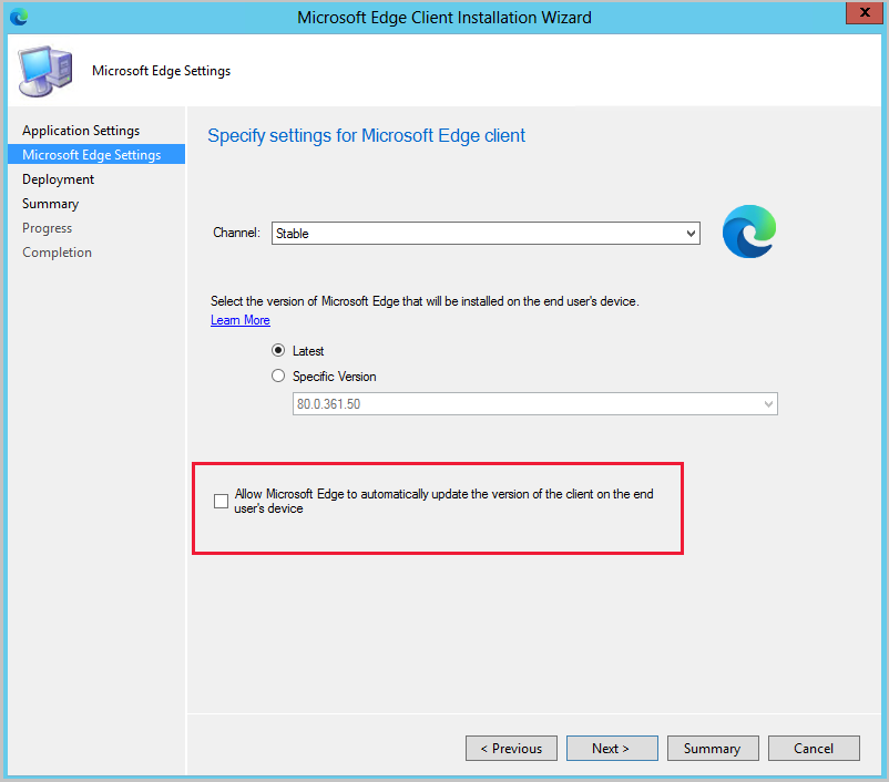 Microsoft Edge automatic update setting