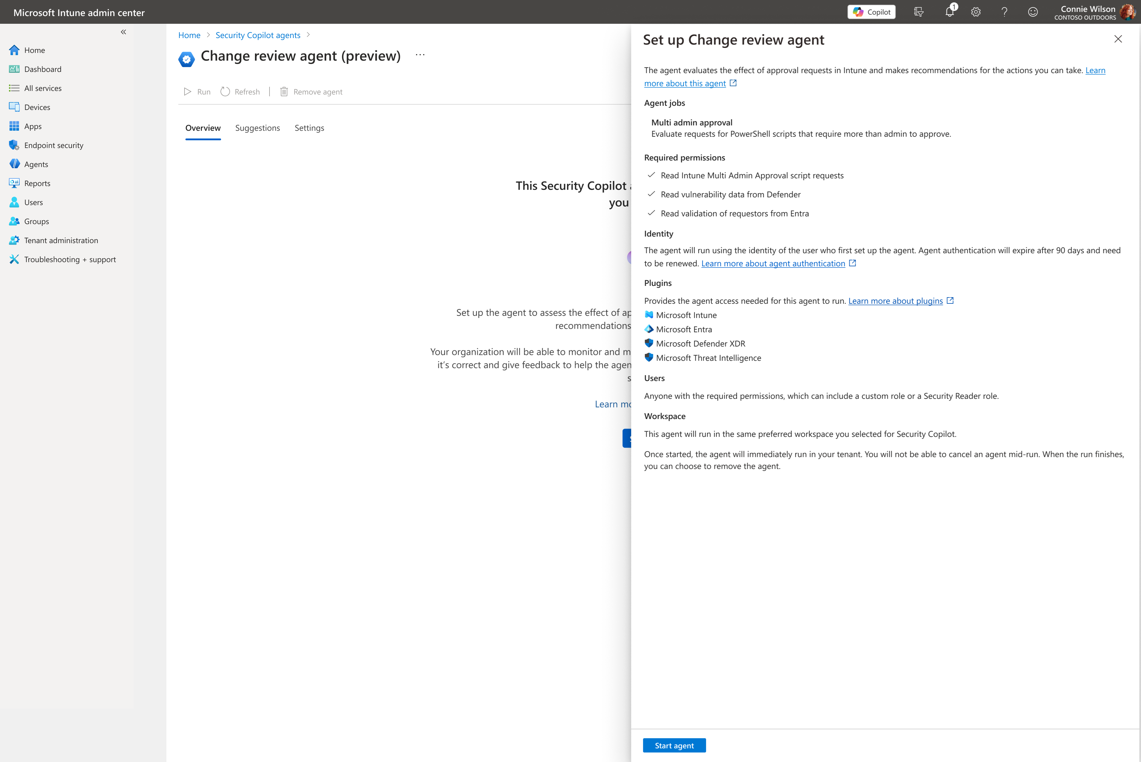Screenshot of the Set up Change review agent pane.