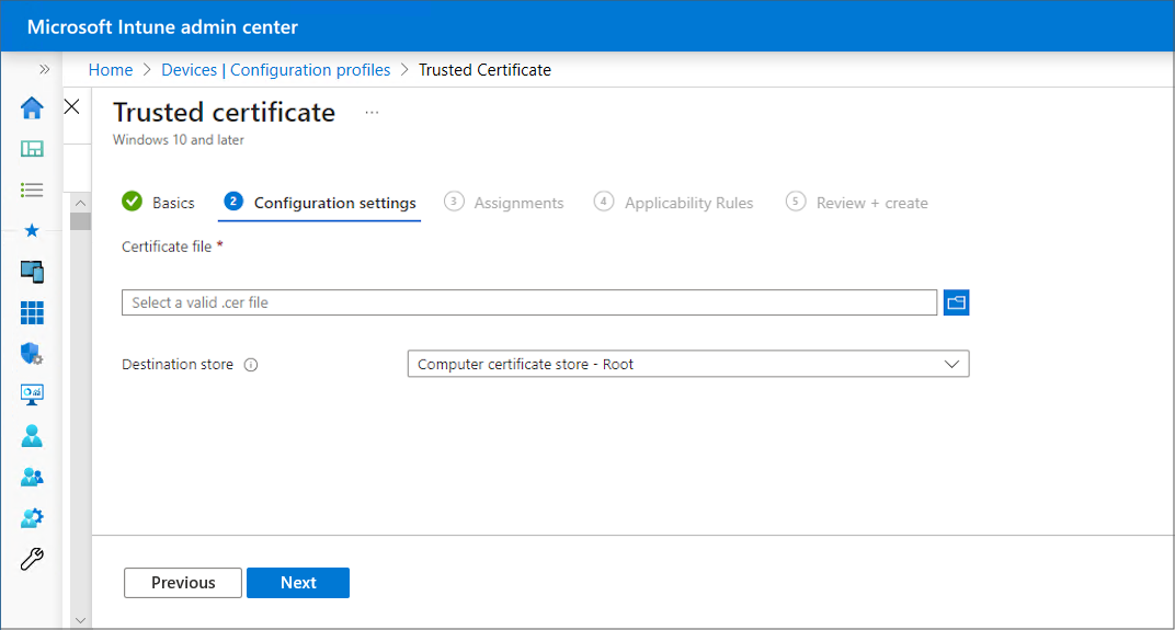Configuration profile form with certificate upload field and destination store options