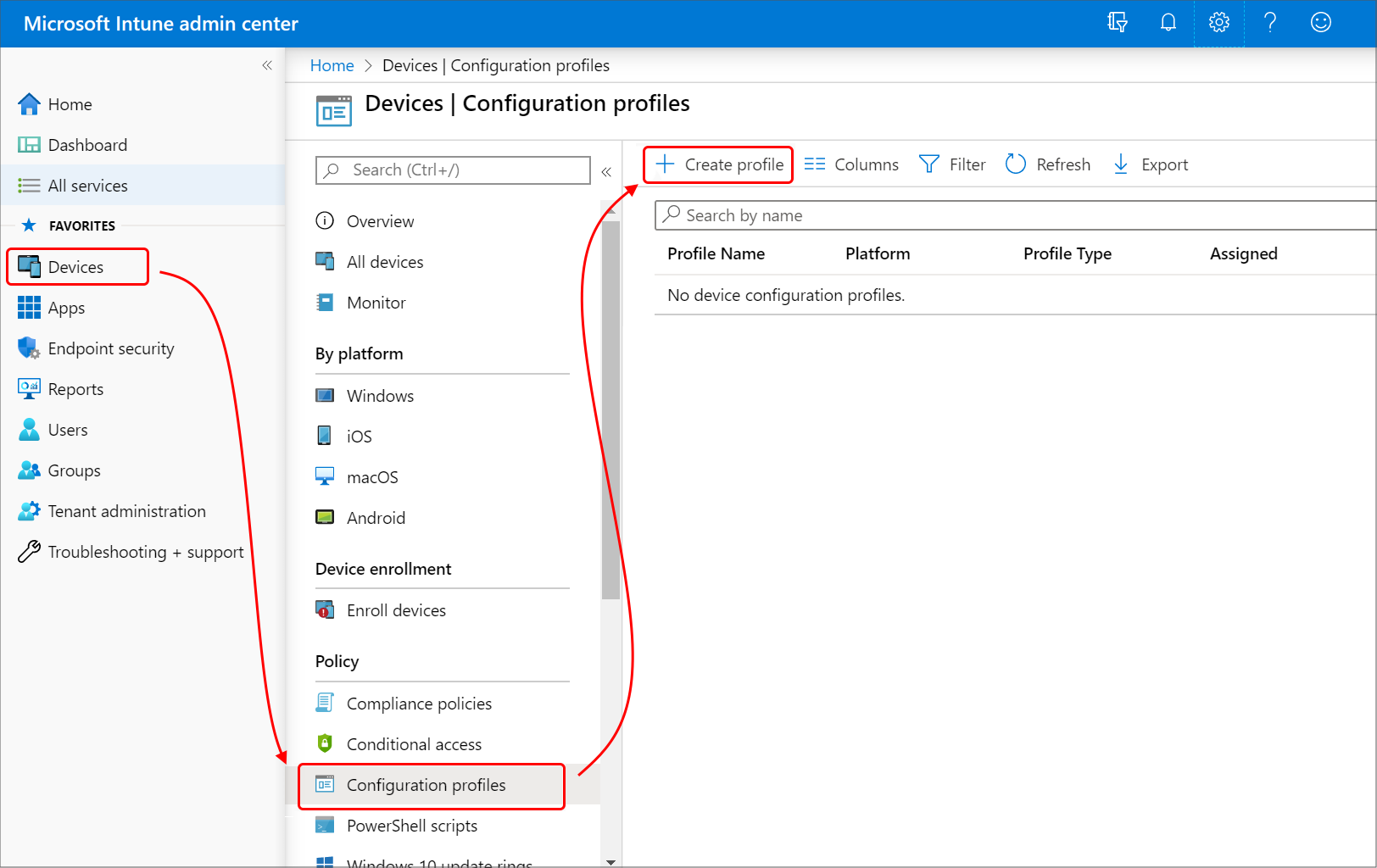 Intune admin center showing Devices menu expanded with Configuration option and Create button visible