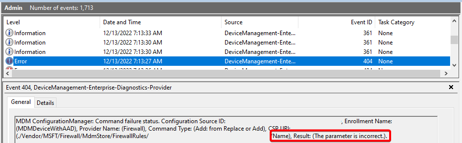 Screen capture of the Name Failure