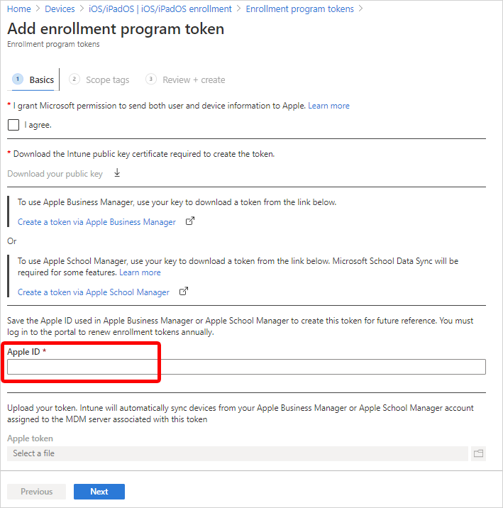 Screenshot highlighting the Apple ID field in the Add enrollment program token pane.
