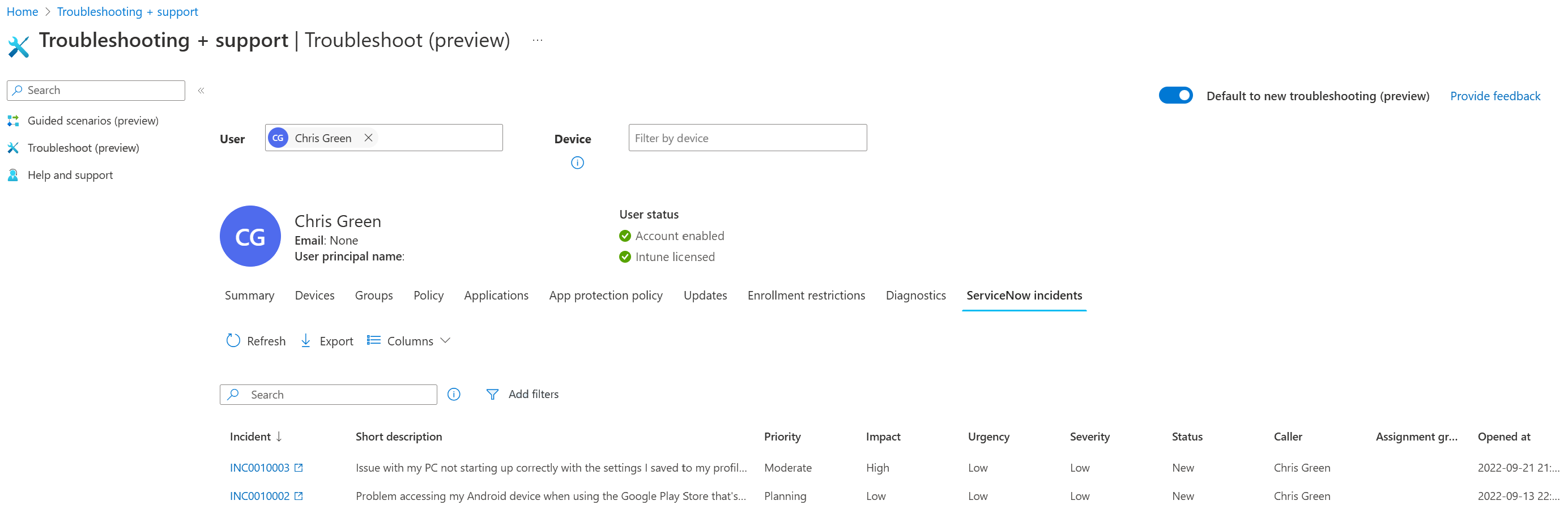 Screenshot that shows Service Now incidents view with a list of all incidents for the selected user.