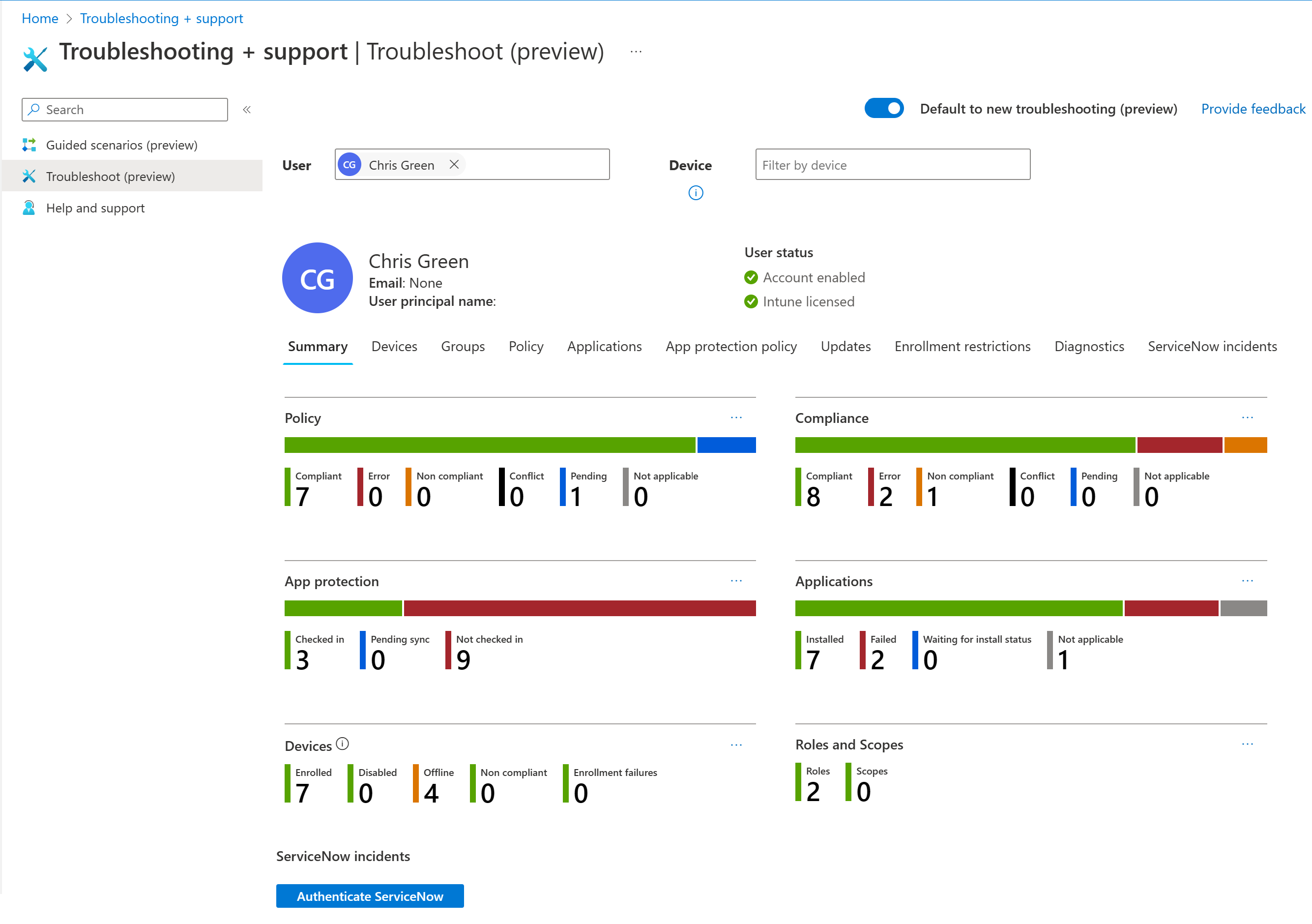 Screenshot that shows the Intune troubleshooting dashboard with the Summary tab and selected user details