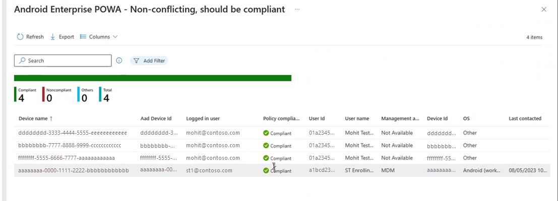 View of the detailed device status report, after selecting the View report button in the Intune admin center.