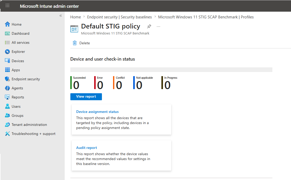 Screenshot showing the STIG audit baseline profile overview with device and user check-in status, Device assignment status report, and Audit report options in the Intune admin center.