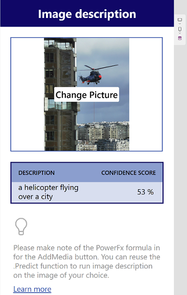 Captură de ecran a descrierii imaginii generată de model într-un exemplu de aplicație.
