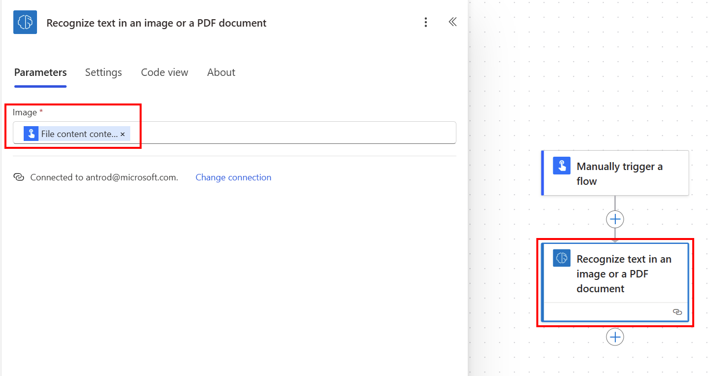 Captură de ecran a inițializării unui flux cloud în fila „Parametri”. Power Automate 