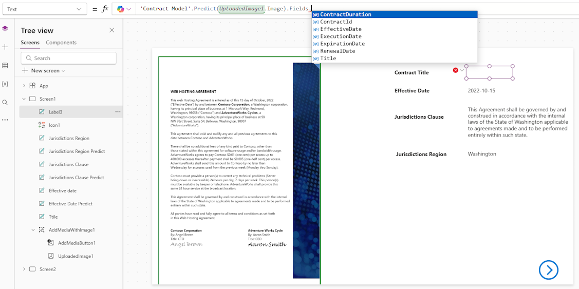 Captură de ecran cu toate câmpurile de text disponibile pentru un document contractual.
