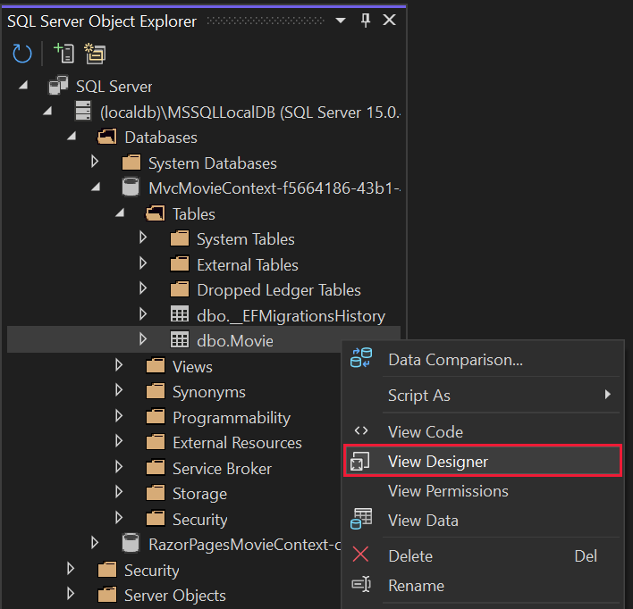 Right-click on the Movie table > View Designer.