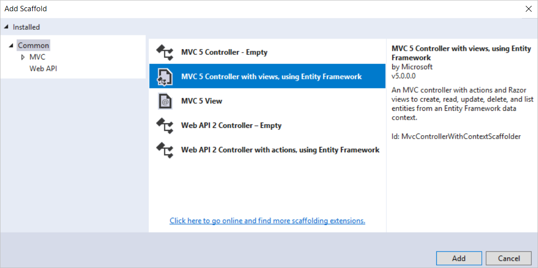 Add Scaffold dialog in Visual Studio