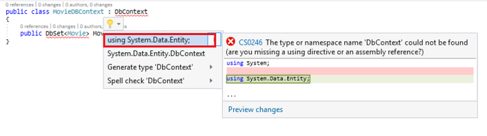 Screenshot that shows the Show potential fixes menu. Using System Data Entity is selected and a cannot be found warning is shown.